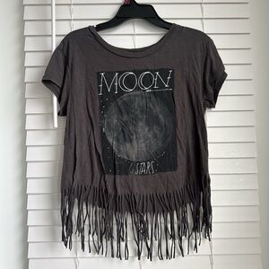 American Eagle Outfitters Charcoal Moon Graphic Fringe Tee